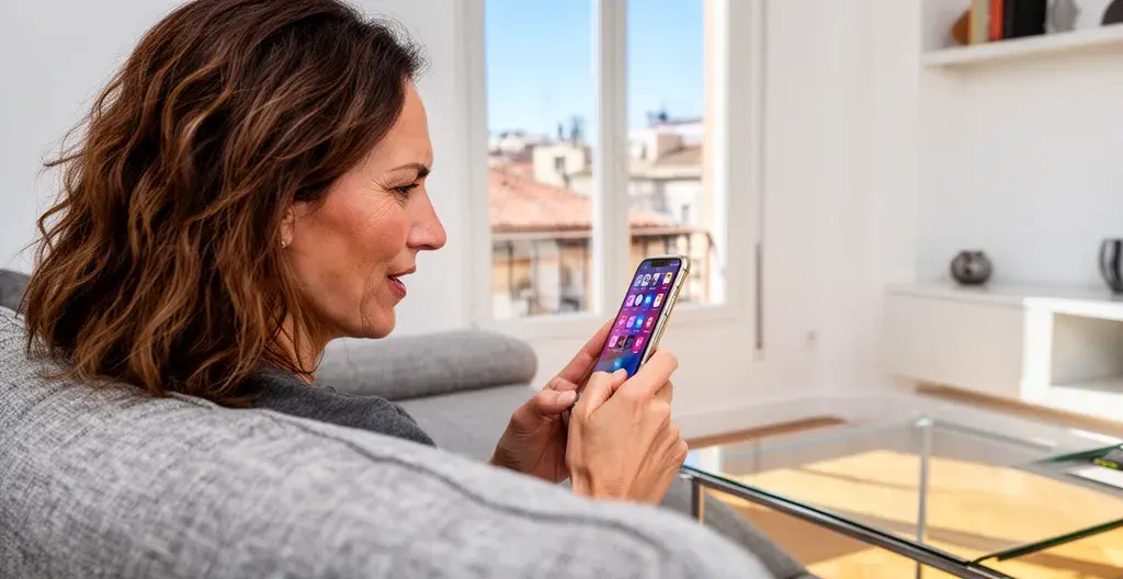 Mujer de mediana edad consultando valoración inmobiliaria en smartphone en salón de piso barcelonés