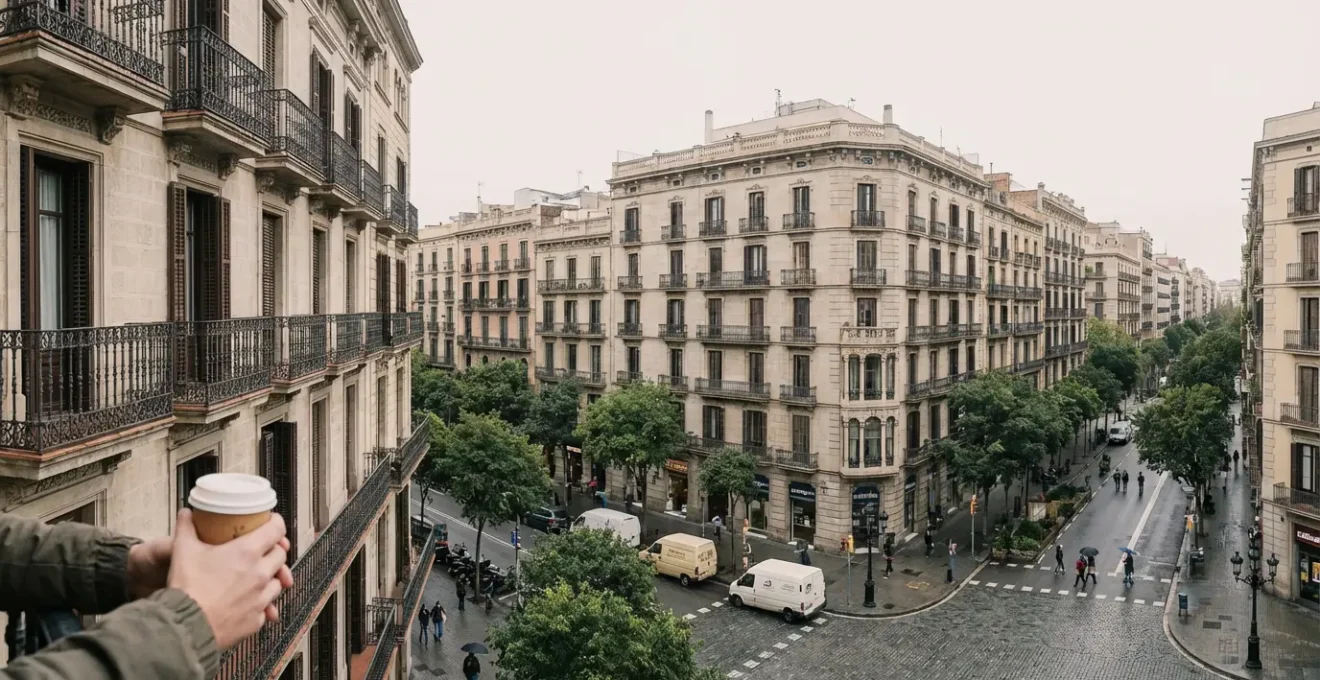 Vista panorámica de edificios residenciales del Eixample en Barcelona con balcones típicos modernistas