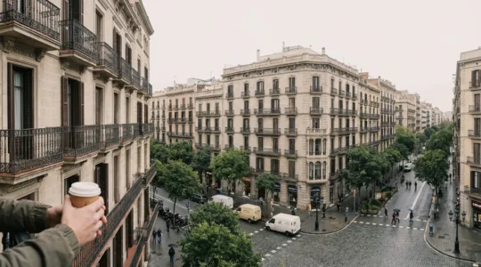 Vista panorámica de edificios residenciales del Eixample en Barcelona con balcones típicos modernistas