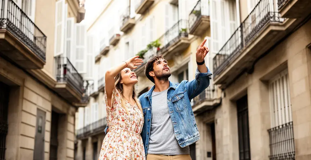 Pareja joven europea observando fachada de edificio residencial en calle de Barcelona