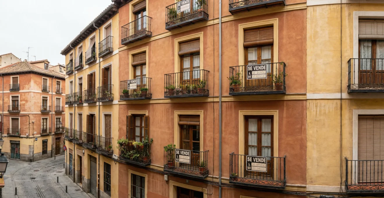 Fachada típica de edificio residencial español con balcones de forja y carteles de Se Vende