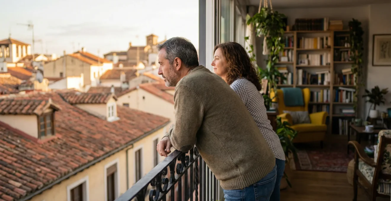 Pareja española de mediana edad contemplando la ciudad desde el balcón de su piso, valorando opciones de venta