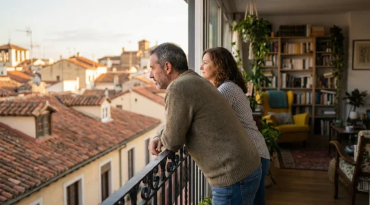 Pareja española de mediana edad contemplando la ciudad desde el balcón de su piso, valorando opciones de venta