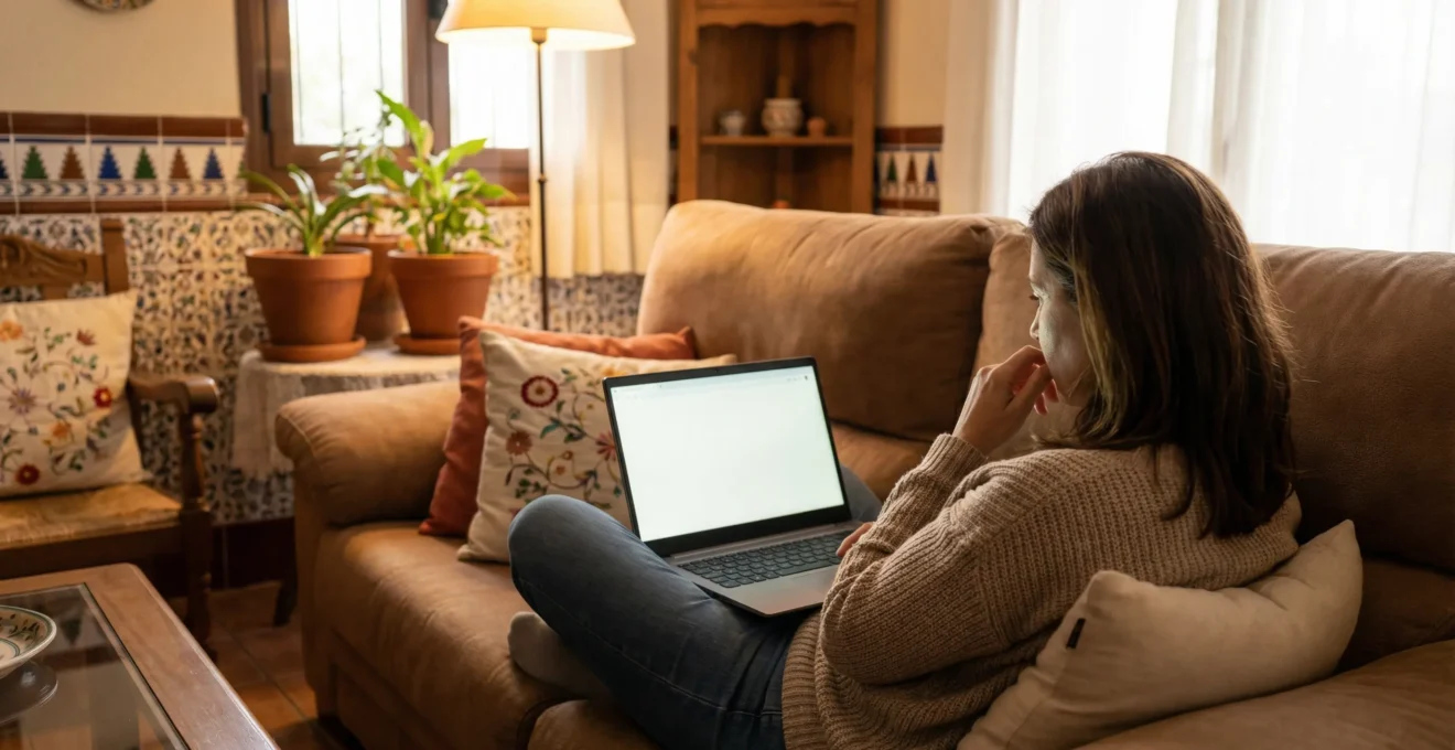 Mujer española consultando herramienta de valoración inmobiliaria en portátil desde el salón de su casa